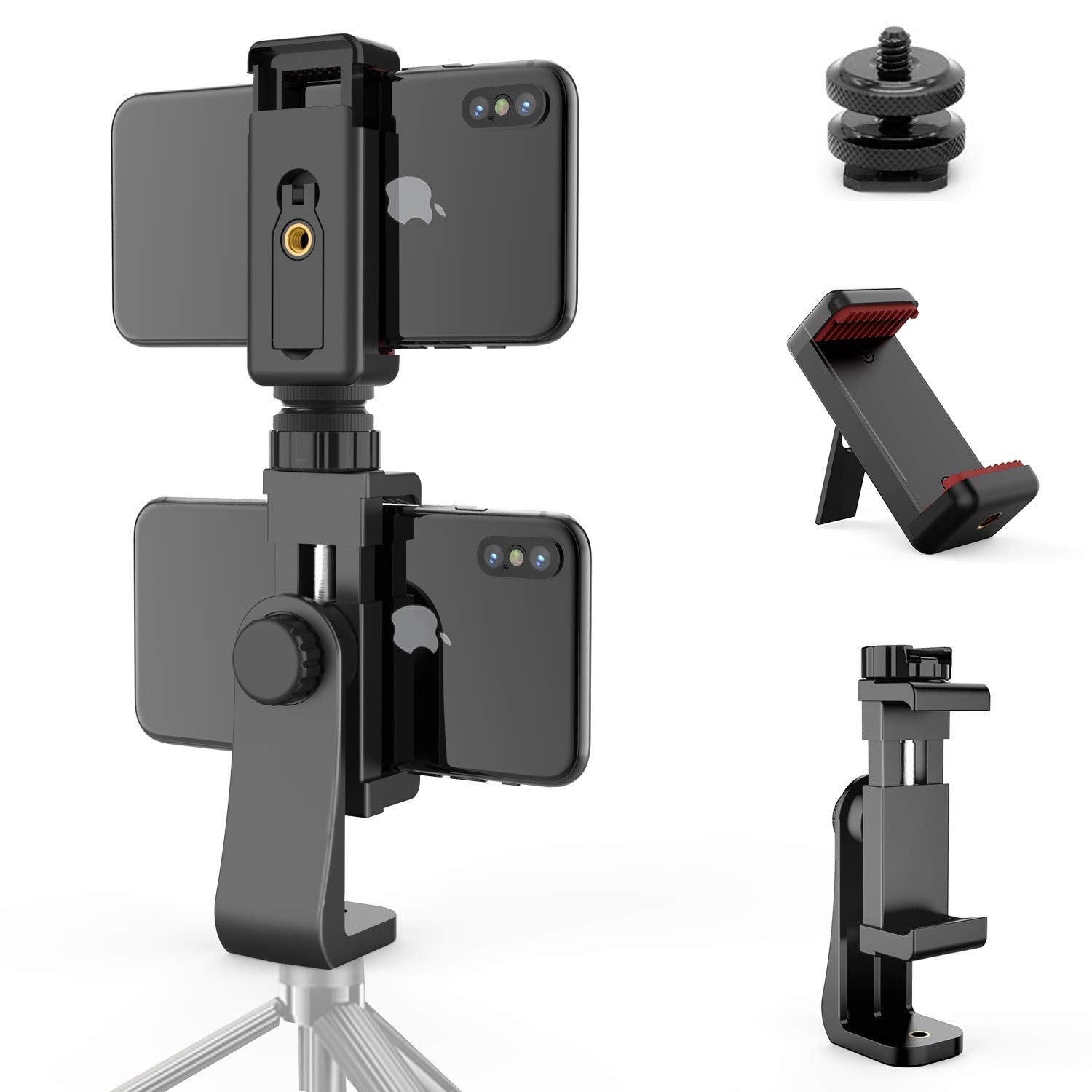 Owine Universal Dual Cell Phone Tripod Mount Adapter Premium Smartphone Clamp, Compatible With Iphone,Samsung Galaxy,Note,Lg,All